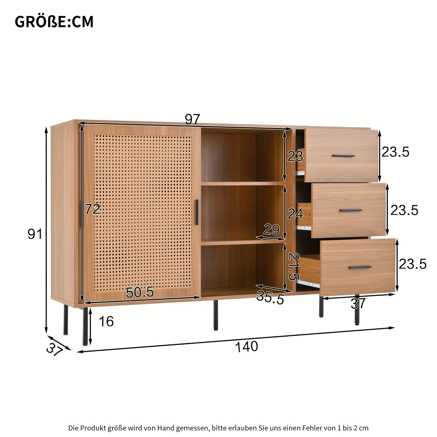 Rustic Modern Metal with 2 Sliding Doors & 3 Drawers - Adjustable Shelves, Freestanding/Dining Room Sideboard, Space-Saving Design (140x91x37cm) - No-Wood Furniture in Neutral Tones for Apartments, Farmhouse, or Contemporary