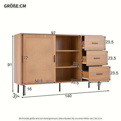 Rustic Modern Metal with 2 Sliding Doors & 3 Drawers - Adjustable Shelves, Freestanding/Dining Room Sideboard, Space-Saving Design (140x91x37cm) - No-Wood Furniture in Neutral Tones for Apartments, Farmhouse, or Contemporary