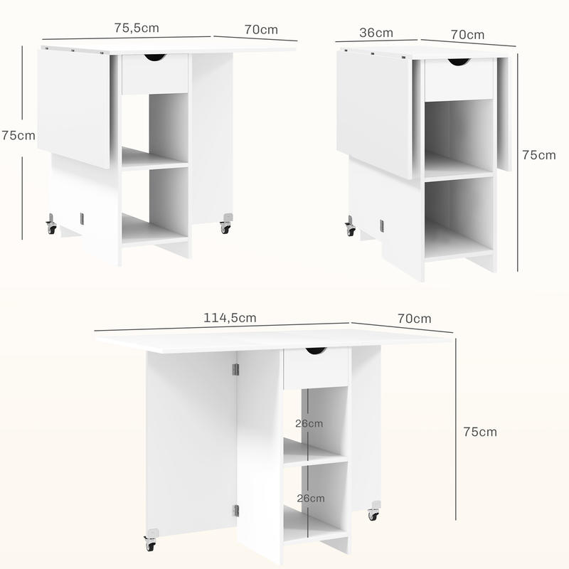 Opklapbare Eettafel – Inklapbare Tafel – Uitklapbare Tafel – Vouwtafel – Ruimtebesparende Tafel – Voor 2-4 Personen – Hardhouten Constructie – Met Opbergruimte En Wieltjes