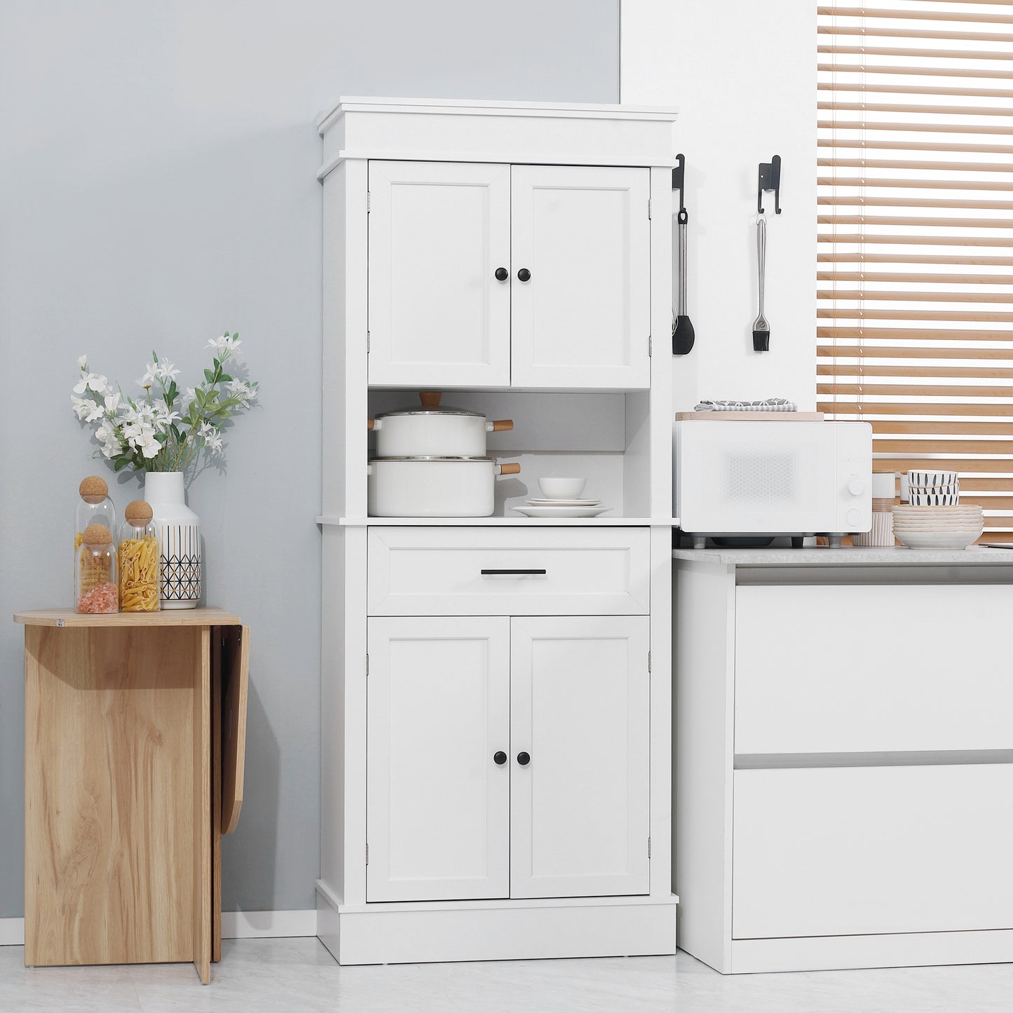 Opbergkast Keukenkast Buffetkast Dressoir Kastenwand Wit – Modern Design – Verstelbare Planken & Compact Formaat 74x39,5x183 cm