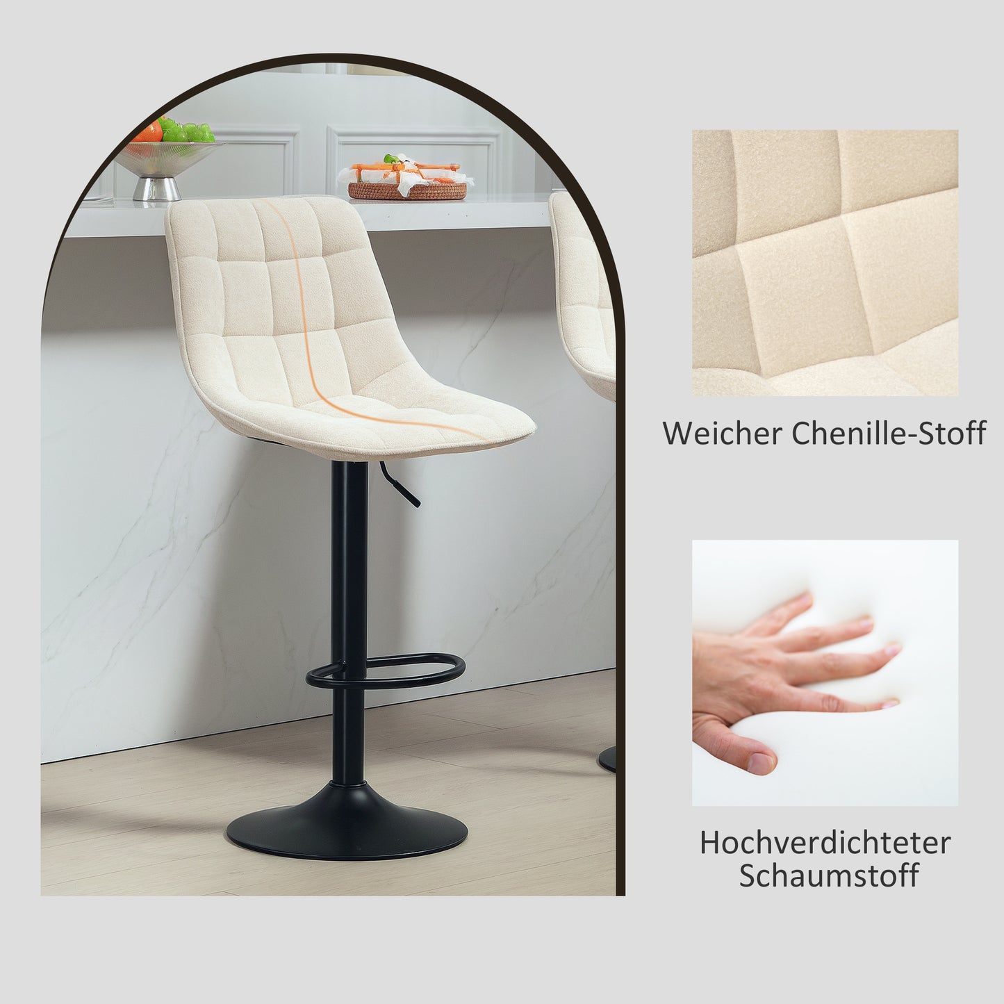 Barstoel – Barkruk – Barstoel Kruk – Keukenstoel – Barkrukset – Verstelbaar 63-84 cm – 360° Draaibaar – Chenille Bekleding – Stalen Frame