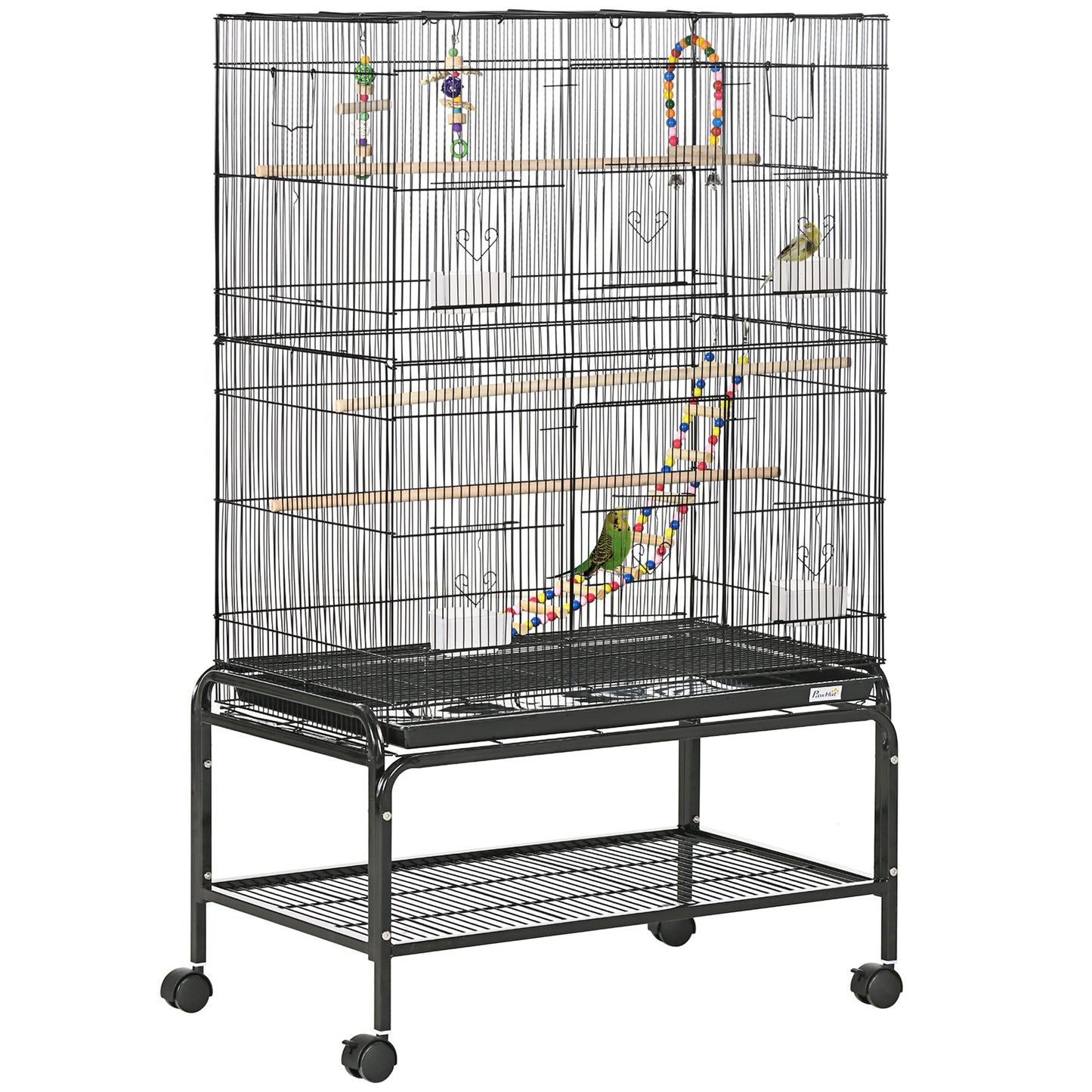Zwarte Metalen Vogelkooi – Vogelkooi Met Plank – Vogelkooi Klein – Vogelkooi Middelgroot – Vogelkooi Met Wielen – Hoogwaardig Kunststofstaal – Uitneembare Bodemlade