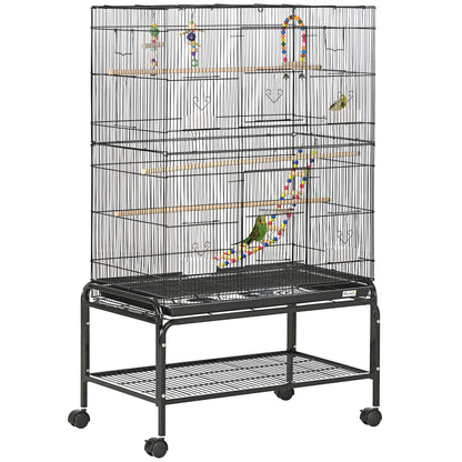 Zwarte Metalen Vogelkooi – Vogelkooi Met Plank – Vogelkooi Klein – Vogelkooi Middelgroot – Vogelkooi Met Wielen – Hoogwaardig Kunststofstaal – Uitneembare Bodemlade