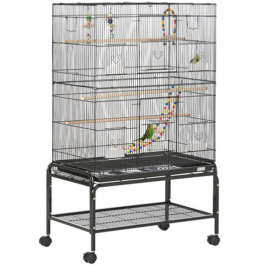 Zwarte Metalen Vogelkooi – Vogelkooi Met Plank – Vogelkooi Klein – Vogelkooi Middelgroot – Vogelkooi Met Wielen – Hoogwaardig Kunststofstaal – Uitneembare Bodemlade