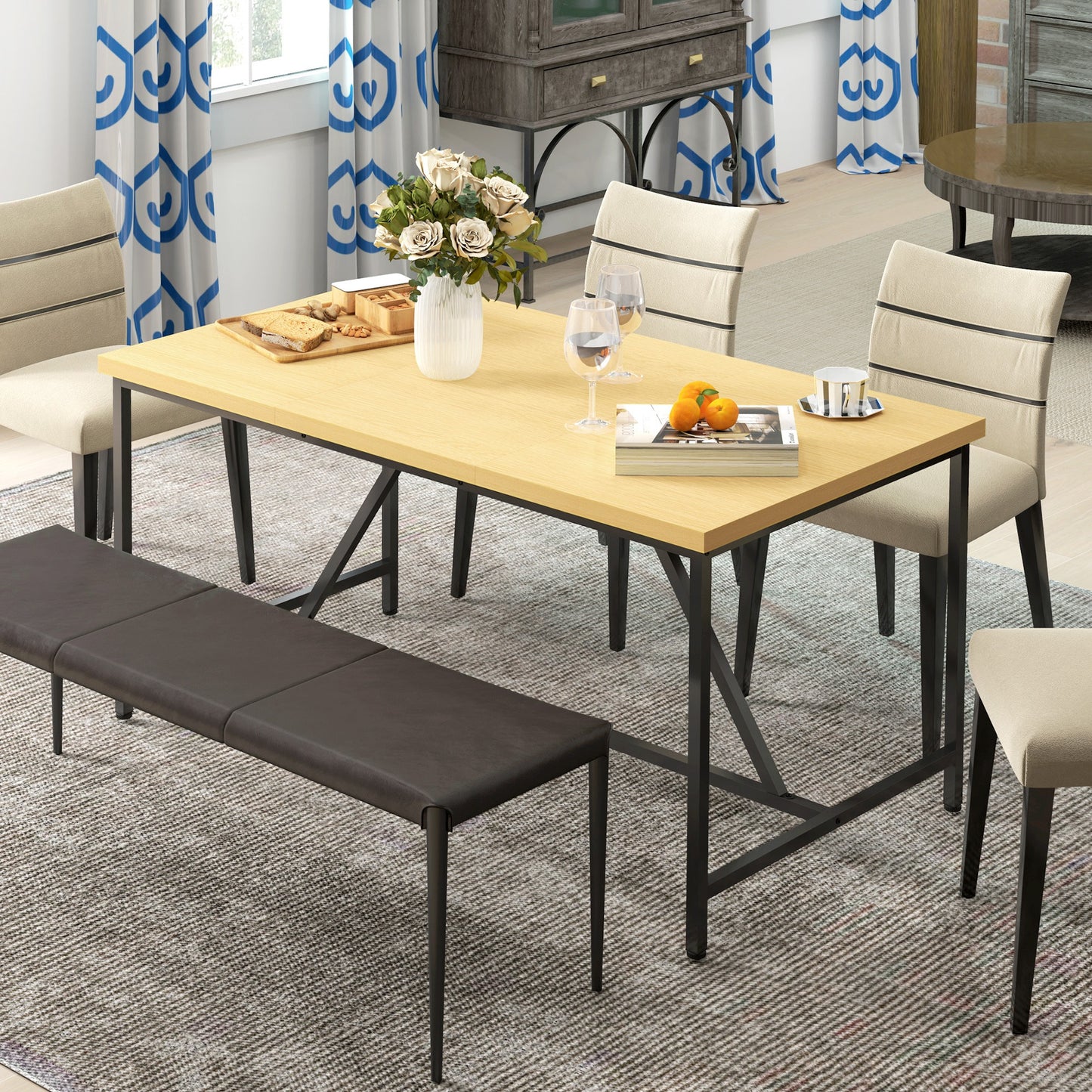 Eettafel – Eetkamertafel – Keukentafel – Tafel – Tafeltje – Modern Design – Houten Look Blad – Zwarte Stalen Poten – 150x80 cm – Verstelbare Pootjes