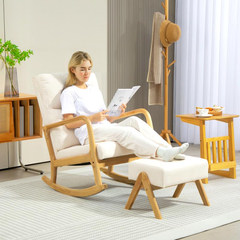 Schommelstoel – Relaxstoel – Fauteuil – Woonkamerstoel – Babystoel – Linnen Look Bekleding – Houten Poten – Oversized Zitting – Draagkracht 150 kg