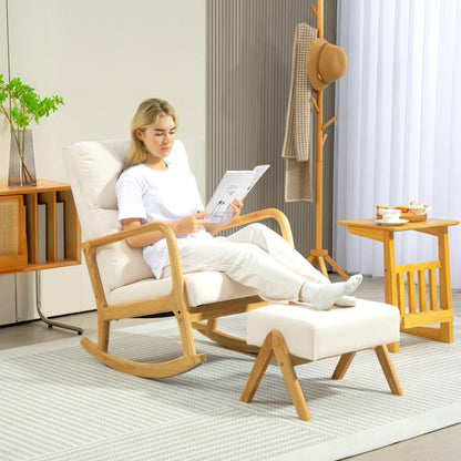 Schommelstoel – Relaxstoel – Fauteuil – Woonkamerstoel – Babystoel – Linnen Look Bekleding – Houten Poten – Oversized Zitting – Draagkracht 150 kg