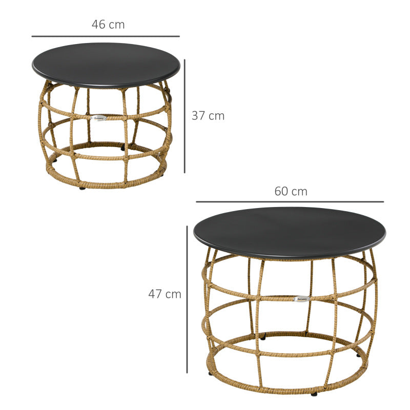 Bijzettafels – Bijzettafel Set – Koffietafel – Tafeltje – Tuinmeubel – Zandkleur – Handgevlochten PE-Rattan – Stapelbaar met Verstelbare Pootjes