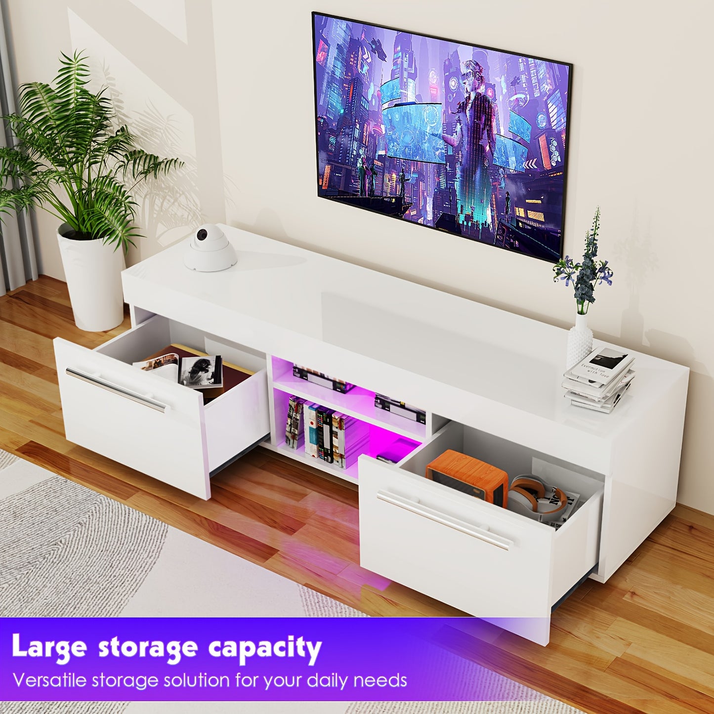TV-kast – Tv-meubel – Mediameubel – Tv-dressoir – Entertainmentmeubel – Modern Wit Hoogglans – LED Sfeerverlichting – Ruime Opbergruimte – 130 cm – USB-aansluiting