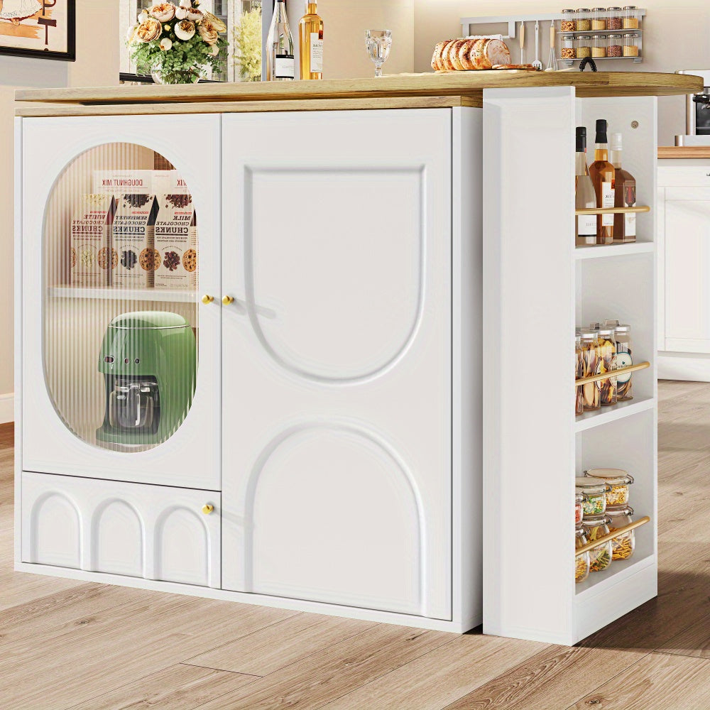 Modern White Metal 360° Rotating Bar Table with Storage - Heavy-Duty Commercial/Residential Use, 3-Door Cabinet with Removable Dividers, Space-Saving Design, Easy Assembly, 138x39x102cm, Ideal for Home Bars, Kitchens, Restau