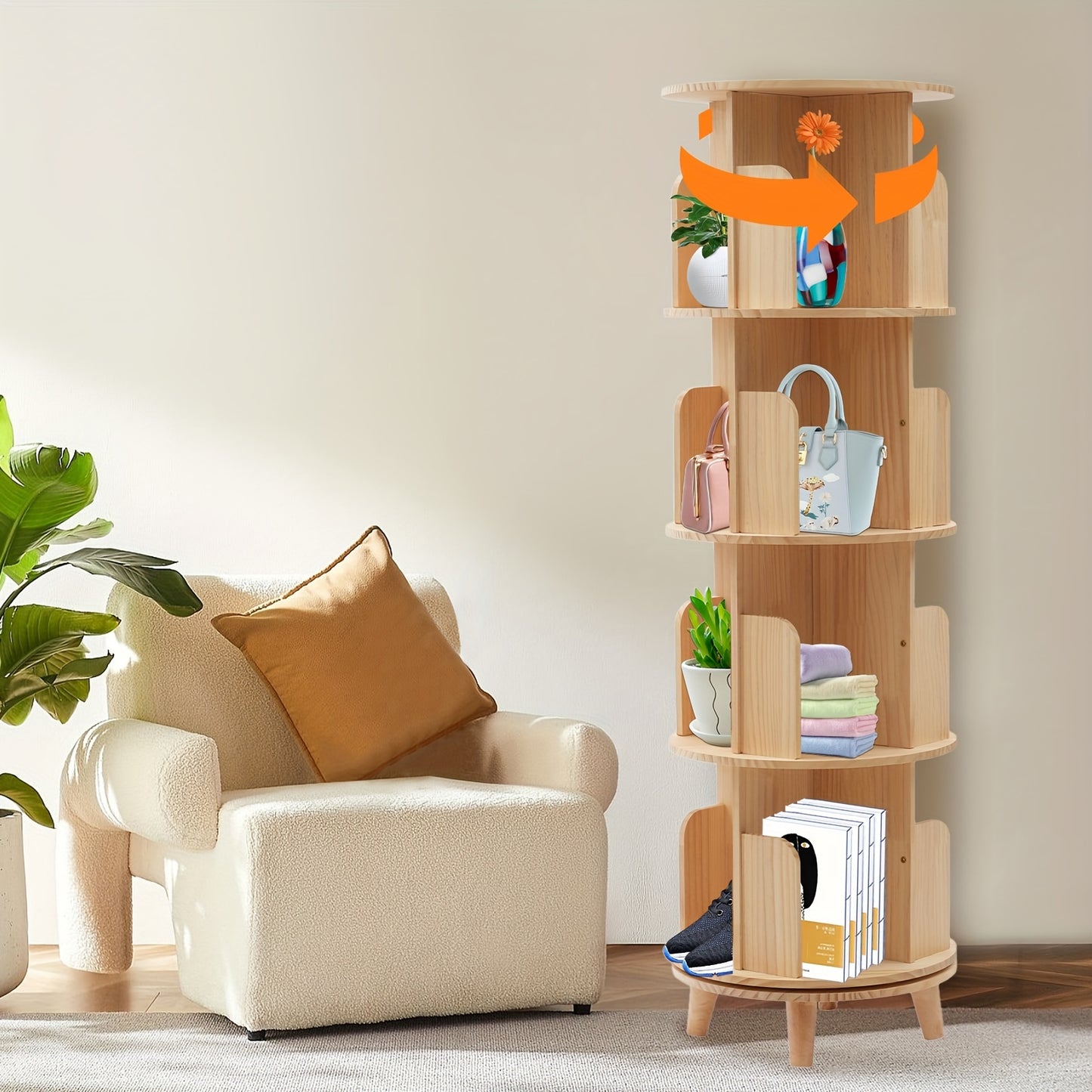 Draaibare Boekenplank – Boekenrek – Boekenkast – Opbergkast – Displayrek – 4 Lagen – 360° Draaibaar – Houten Afwerking