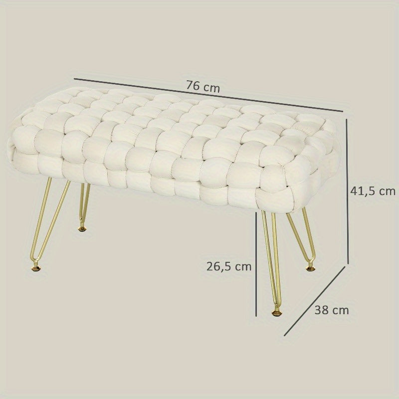 Velvet Padded Kruk – Poef – Voetenkruk – Hocker – Bankje – Met Metaal Poten – Hoogwaardige Voering – Crème Wit – 76x38x42 cm – Duurzaam & Elegant