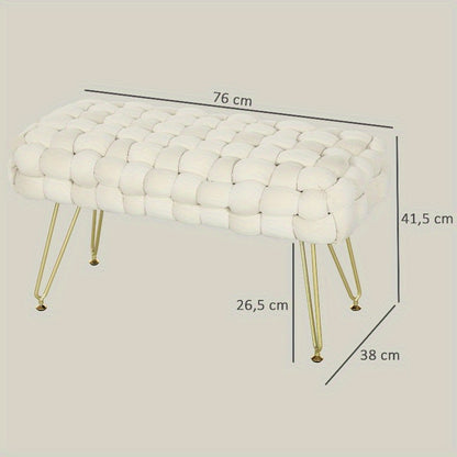 Velvet Padded Kruk – Poef – Voetenkruk – Hocker – Bankje – Met Metaal Poten – Hoogwaardige Voering – Crème Wit – 76x38x42 cm – Duurzaam & Elegant