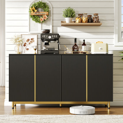 Zwart Sideboard – Buffetkast – Dressoir – Keukenkast – Buffetkast Met Opbergruimte – 150 Cm Breed – Wavy Fluted Deuren Met Verstelbare Metalen Poten