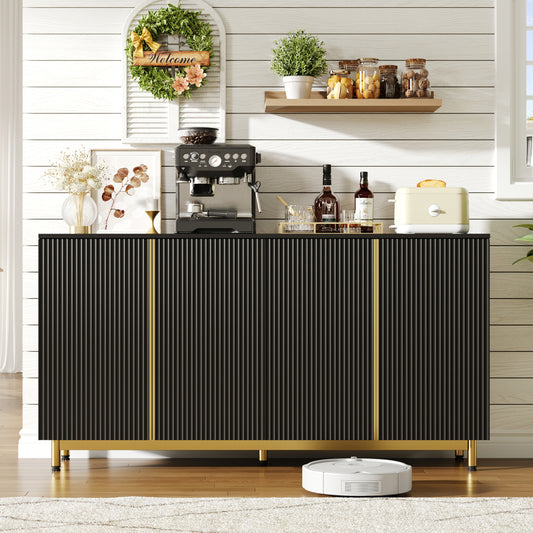 Zwart Sideboard – Buffetkast – Dressoir – Keukenkast – Buffetkast Met Opbergruimte – 150 Cm Breed – Wavy Fluted Deuren Met Verstelbare Metalen Poten