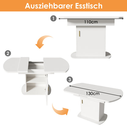 Uitschuifbare Ovaalvormige Tafel – Uitklapbare Eettafel – Salontafel – Werktafel – Compacte Tafel – Wit Met Gouden Handgrepen – Met Opbergruimte – 110-130x70x75 cm