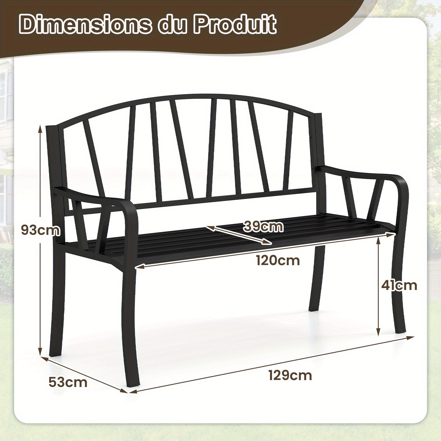 Tuinbank – Buitenbank – Parkbank – Balkonbank – Zitbank – Metalen Frame – Weerbestendig – 129 cm – 2-3 Personen