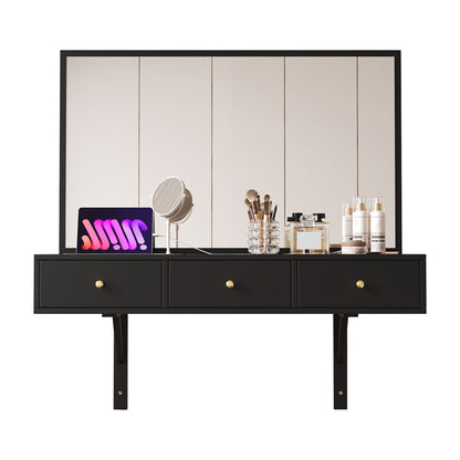 Vanity Hanging with Mirror, 3 Drawers and Power Outlets, Tablet-Card Slot, Beverage Holder; Black 100×105×45 cm (W×H×D)