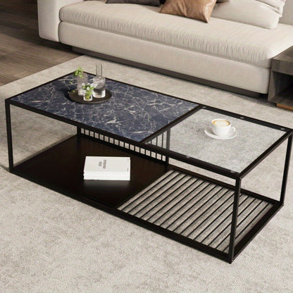 Salontafel – Koffietafel – Bijzettafel – Woonkamertafel – Tafel – Zwart – Metaal en Glas – Robuust Met Extra Opbergruimte
