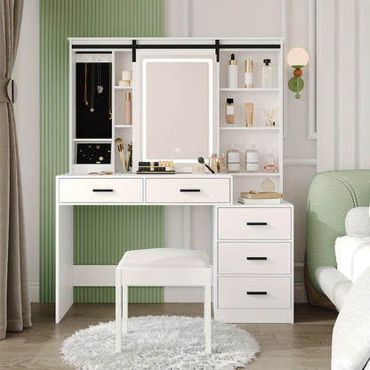 Make-up Tafel – Kaptafel – Schminktafel – Vanity Table – Toogtafel – Verstelbare LED-verlichting – Grote Draaiende Spiegel – Wit – 5 Lades – Sieradenopslag