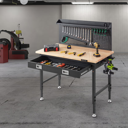 Werkbank – Houten Werktafel – Klusbank – Werkbank Met Pegboard – Verstelbare Werkhoogte – Massief Houten Werkblad – 4 Stopcontacten & USB Poorten – 900 kg Draagvermogen