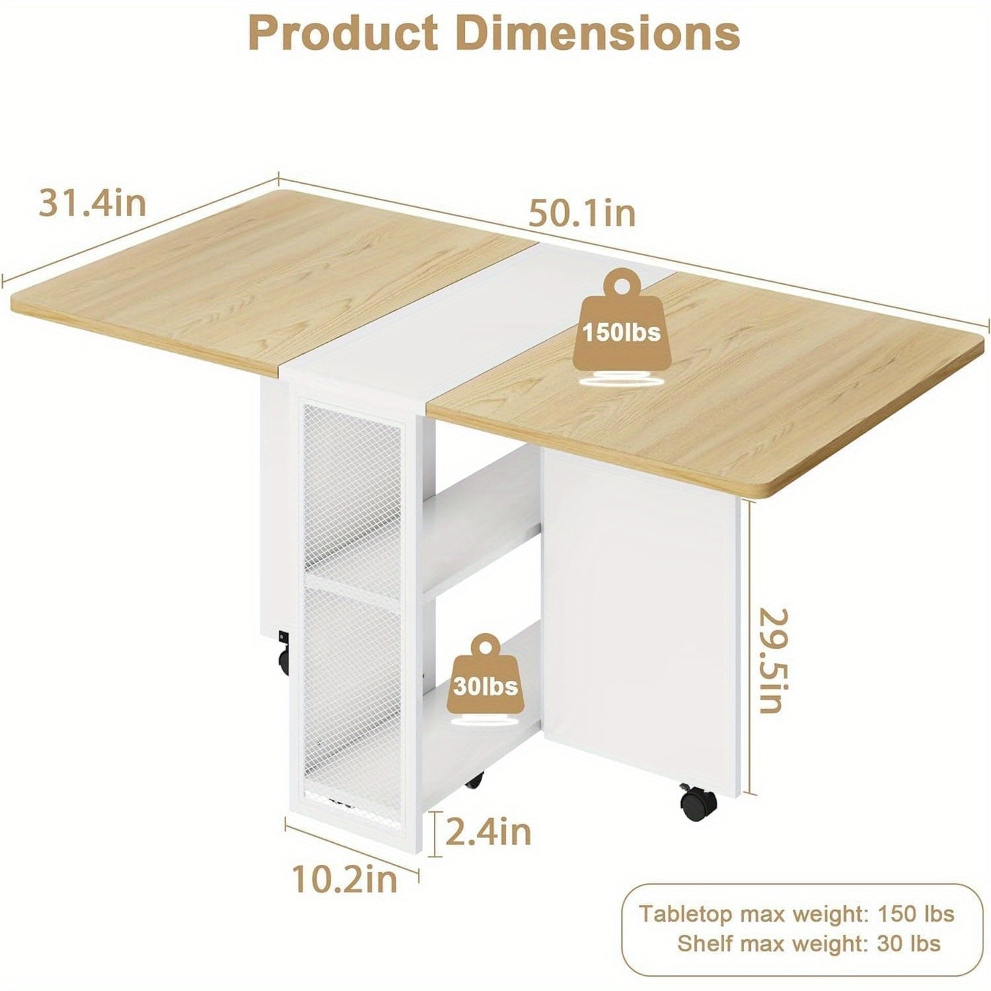Uitklaptafel – Klaptafel – Inklaptafel – Vouwtafel – Eettafel – Ruimtebesparend – Natuurlijk Hout – 127x80x75 cm – Verstelbare Hoogte – 2-laagse Opbergruimte
