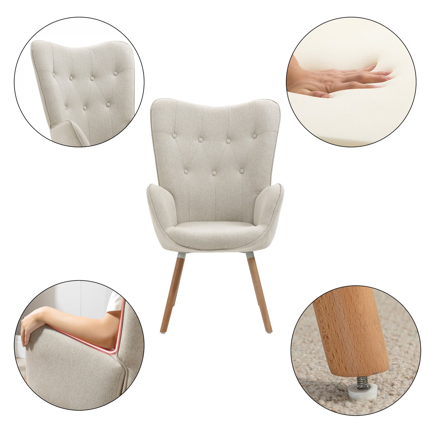 Fauteuil – Lounge Stoel – Relaxstoel – Zetel – Scandinavische Fauteuil Beige – Houten Armleuningen en Poten – Hoogwaardig Schuim – Compacte Afmetingen 66x71x109 cm