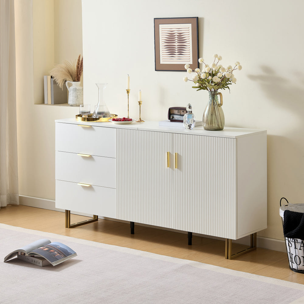 Dressoir – Opbergkast – Ladekast – Buffetkast – Sideboard – Modern Design – MDF Wit – 160 cm – Gouden Handgrepen – Robuuste Stalen Poten
