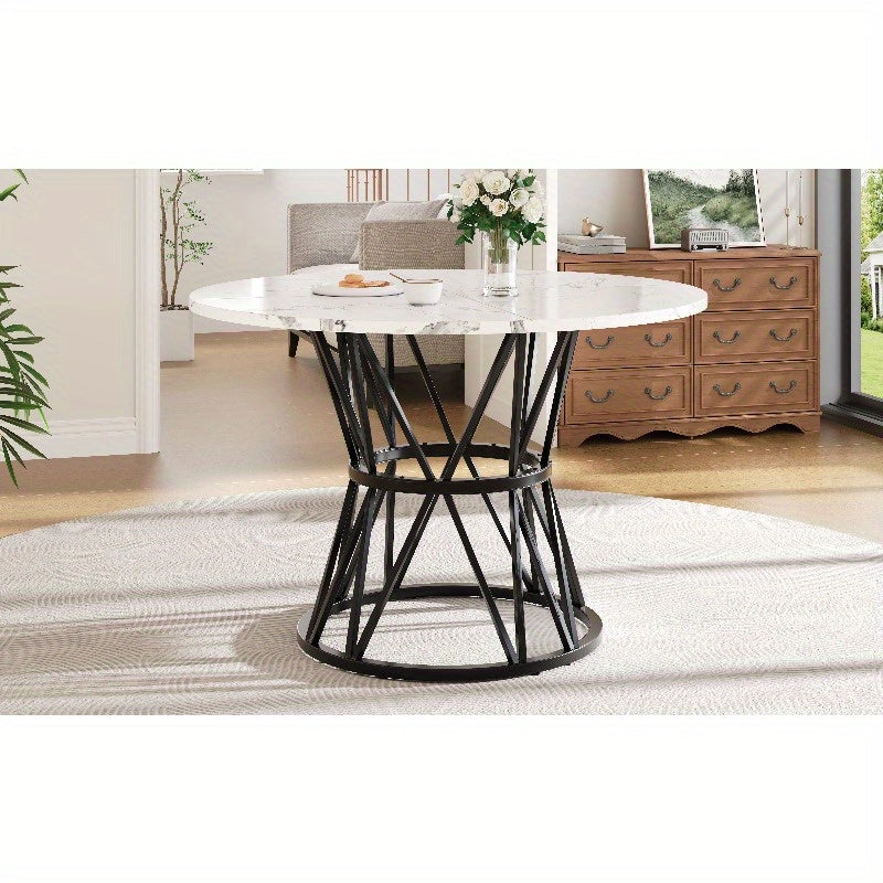 Ronde Eettafel – Tafeltje – Keukentafel – Eettafel Rond – Tafel 4 Personen – Marmeren Blad – Zwart Metalen Tripod Onderstel – 100x100x76 cm – Duurzaam & Stijlvol