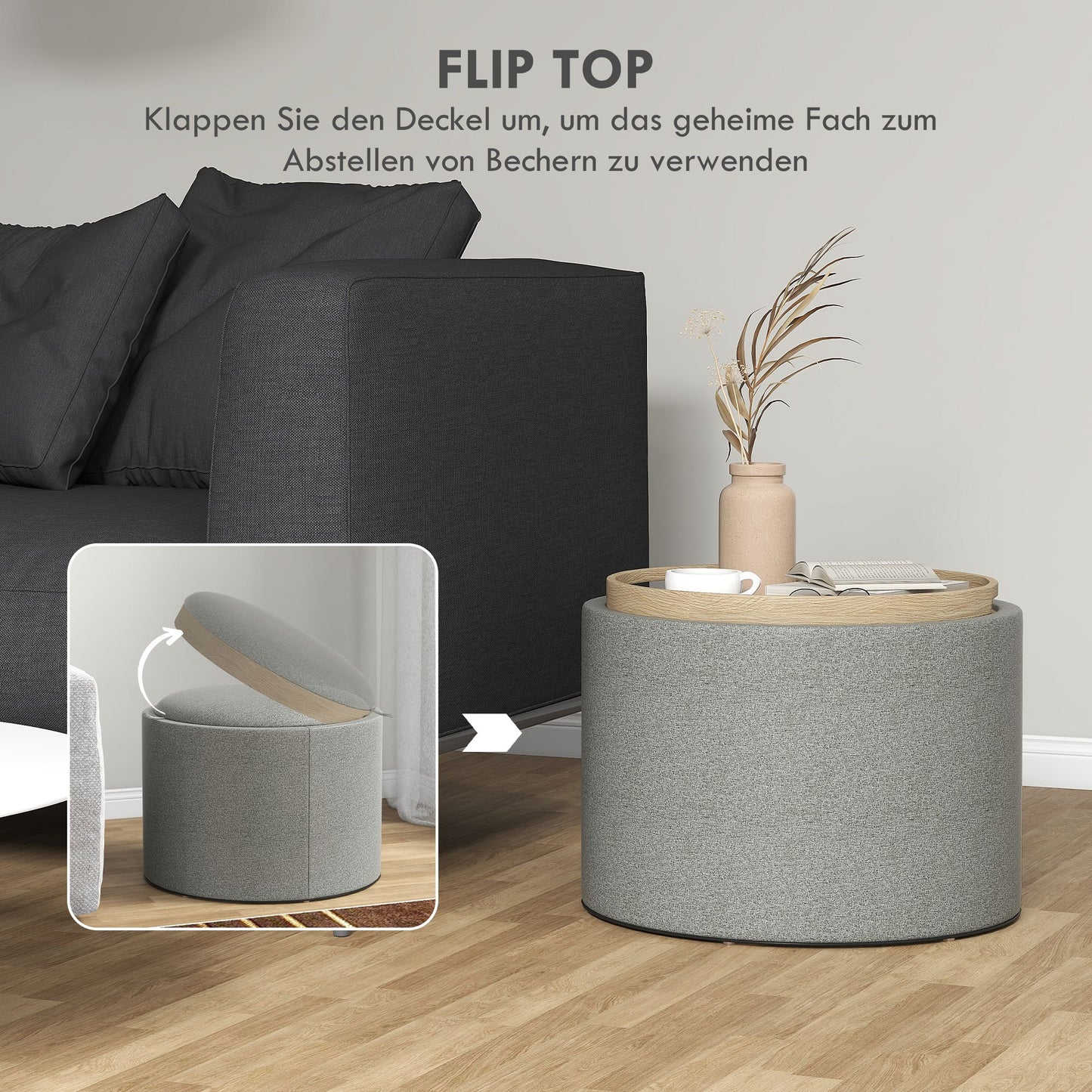 Hocker – Poef – Zitbank – Opbergbank – Voetenbank – Draaibaar Deksel – Ruime Opbergruimte – Stof Linnen-Look – 56x56x42 cm