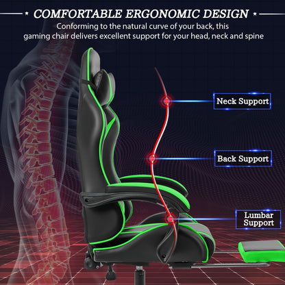 Gamingstoel – Gamestoel – Gaming Chair – Bureaustoel – Game Stoel – Ergonomisch Ontwerp – Massagefunctie Met Voetensteun – Verstelbare Lendensteun – Hoge Rugleuning – Kunstleer – Met Stalen Frame