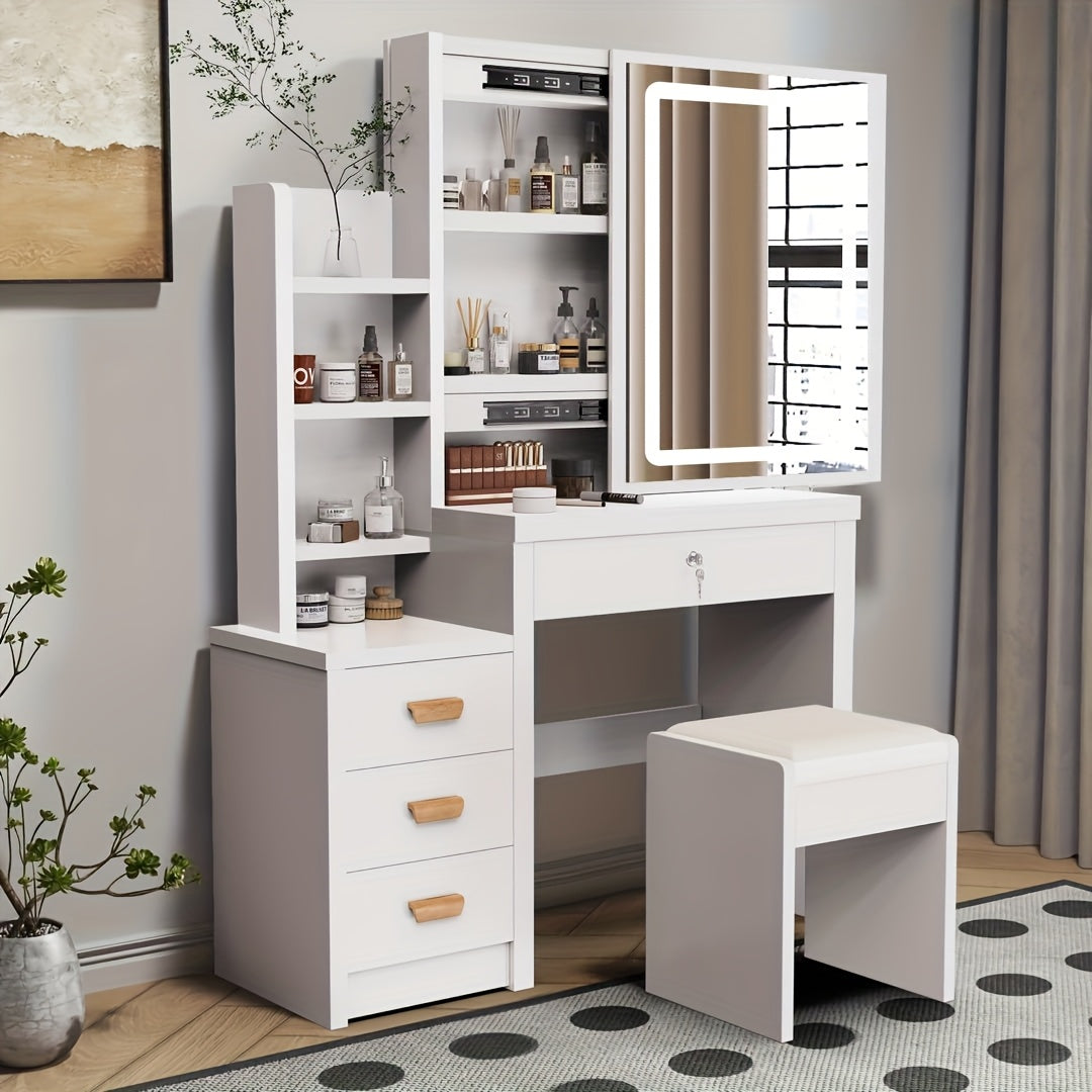 Kaptafel – Make-uptafel – Schminktisch – Toilettafel – Beautytafel – Met LED-verlichting – 4 Laden en Opbergruimte – Witte Afwerking – Inclusief Spiegel en Kruk