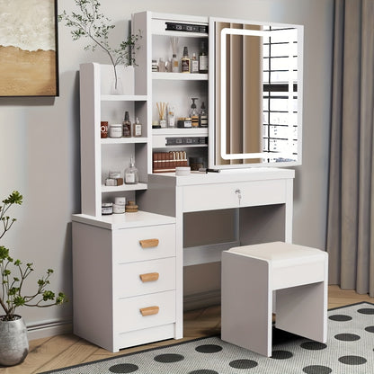 Kaptafel – Make-uptafel – Schminktisch – Toilettafel – Beautytafel – Met LED-verlichting – 4 Laden en Opbergruimte – Witte Afwerking – Inclusief Spiegel en Kruk