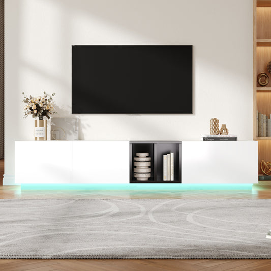 Modern Minimalist TV Stand with Black & White Color Scheme - Metal Frame Media Console, Open Shelving & Drawers, Easy Assembly, Space-Saving Design for Small/Large Living Rooms, Compatible for all TVs