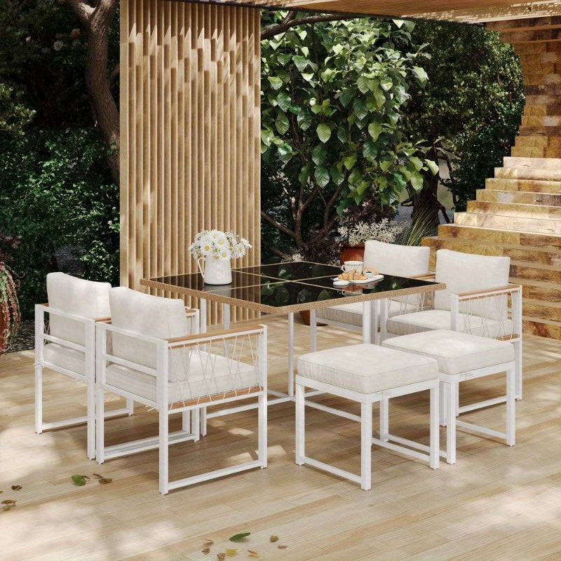 Tuinset – Diningset – Bistroset – Buitenmeubelset – Loungeset – 7-delig – 6 Personen – Tafel met Gehard Glas – Stoelen met PE Rattan en Acacia Hout