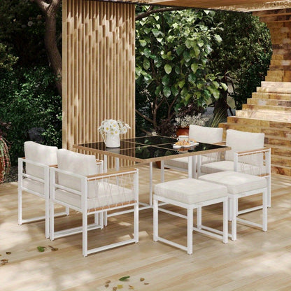 Tuinset – Diningset – Bistroset – Buitenmeubelset – Loungeset – 7-delig – 6 Personen – Tafel met Gehard Glas – Stoelen met PE Rattan en Acacia Hout