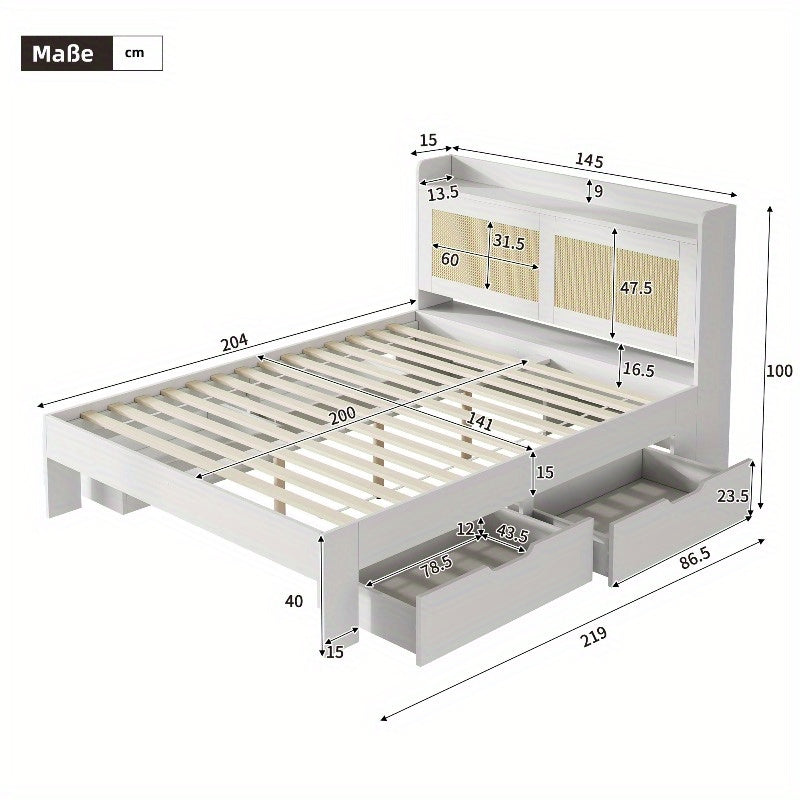 Tweepersoonsbed – Bed met Opberglades – Opbergbed – Boxspring Alternatief – Bedframe met Laden – Stevig Massief Houten Frame – Modern Minimalistisch Design
