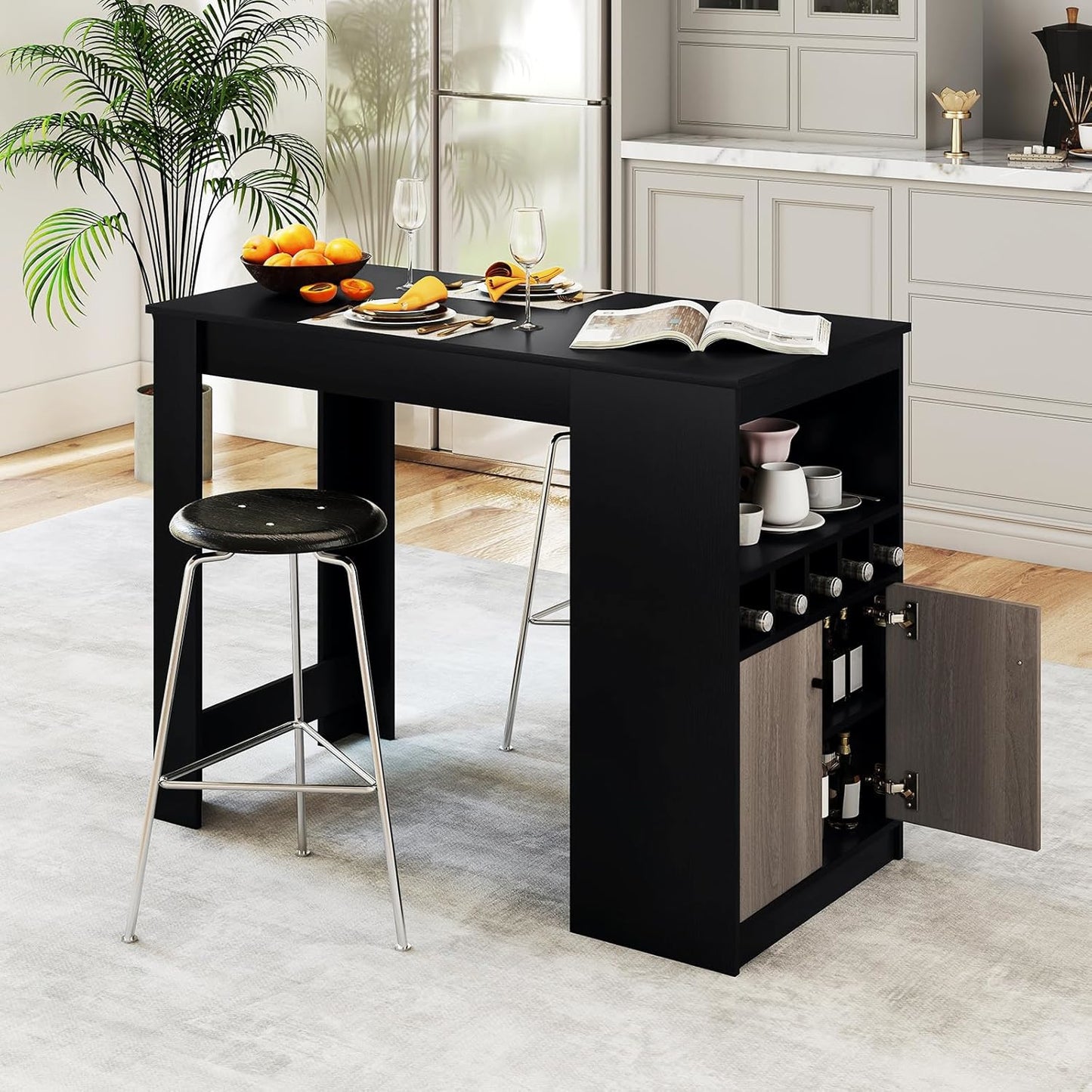 Bartafel – Bar Tafel – Statafel – Hoge Tafel – Keukentafel – Met Opbergruimte en Verstelbare Plank – 120x60x91,5 cm – Zwart Hoogwaardig Plaatmateriaal