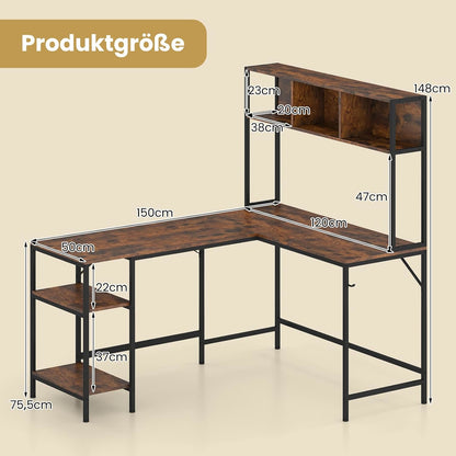 L-vormig Bureau – Hoekbureau – Computerbureau – Werktafel – Bureau met Opbergruimte – Rustiek Bruin – Grote Werkruimte – Stevig Metaal en Hout