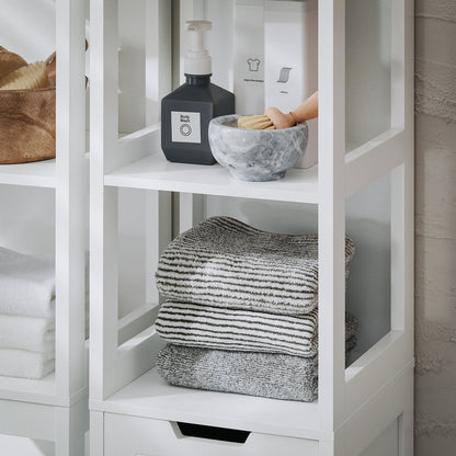 Badkamerkast – Kolomkast – Opbergkast – Smalle Kast – Vloerkast – Met Wasmand – 30x30x145 cm Wit – MDF & Bamboe