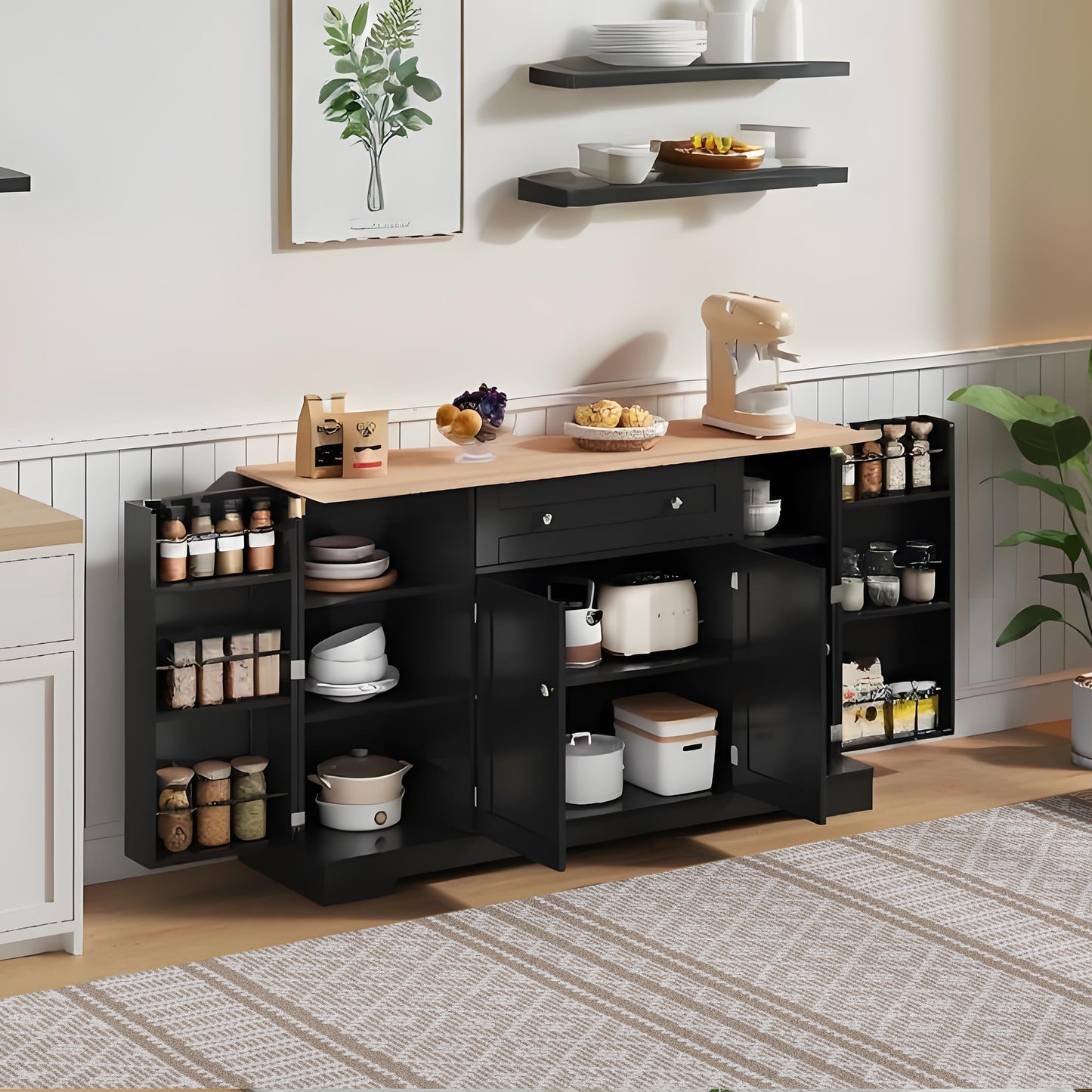 Buffetkast – Dressoir – Opbergkast – Serveerkast – Keukenkast – Modern Design – 138 CM Breed – Verstelbare Planken – Kantelbeveiliging – Zwart