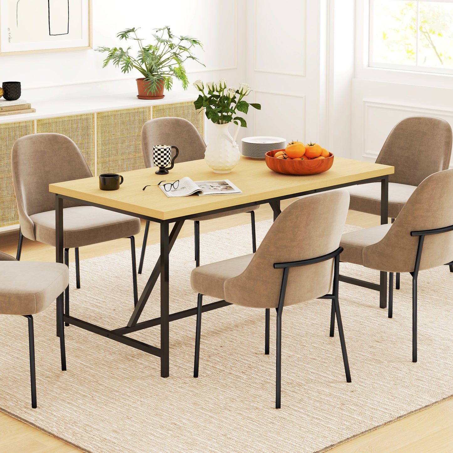 Eettafel – Eetkamertafel – Keukentafel – Tafel – Tafeltje – Modern Design – Houten Look Blad – Zwarte Stalen Poten – 150x80 cm – Verstelbare Pootjes