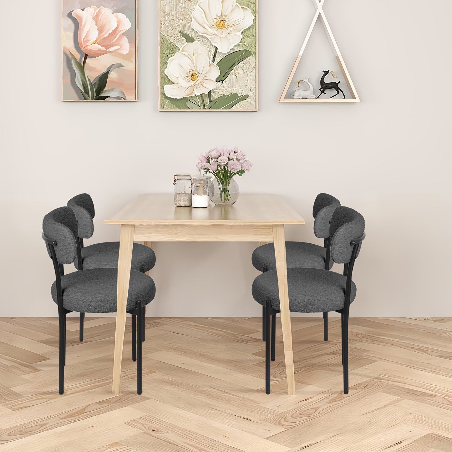 Eetkamerstoelen – Stoelen – Dining Chairs – Keukenstoelen – Eettafelstoelen – Set Van 4 – Bouclé Stof – Zwarte Metalen Poten – Open Rugontwerp – Modern Design – Donkergrijs