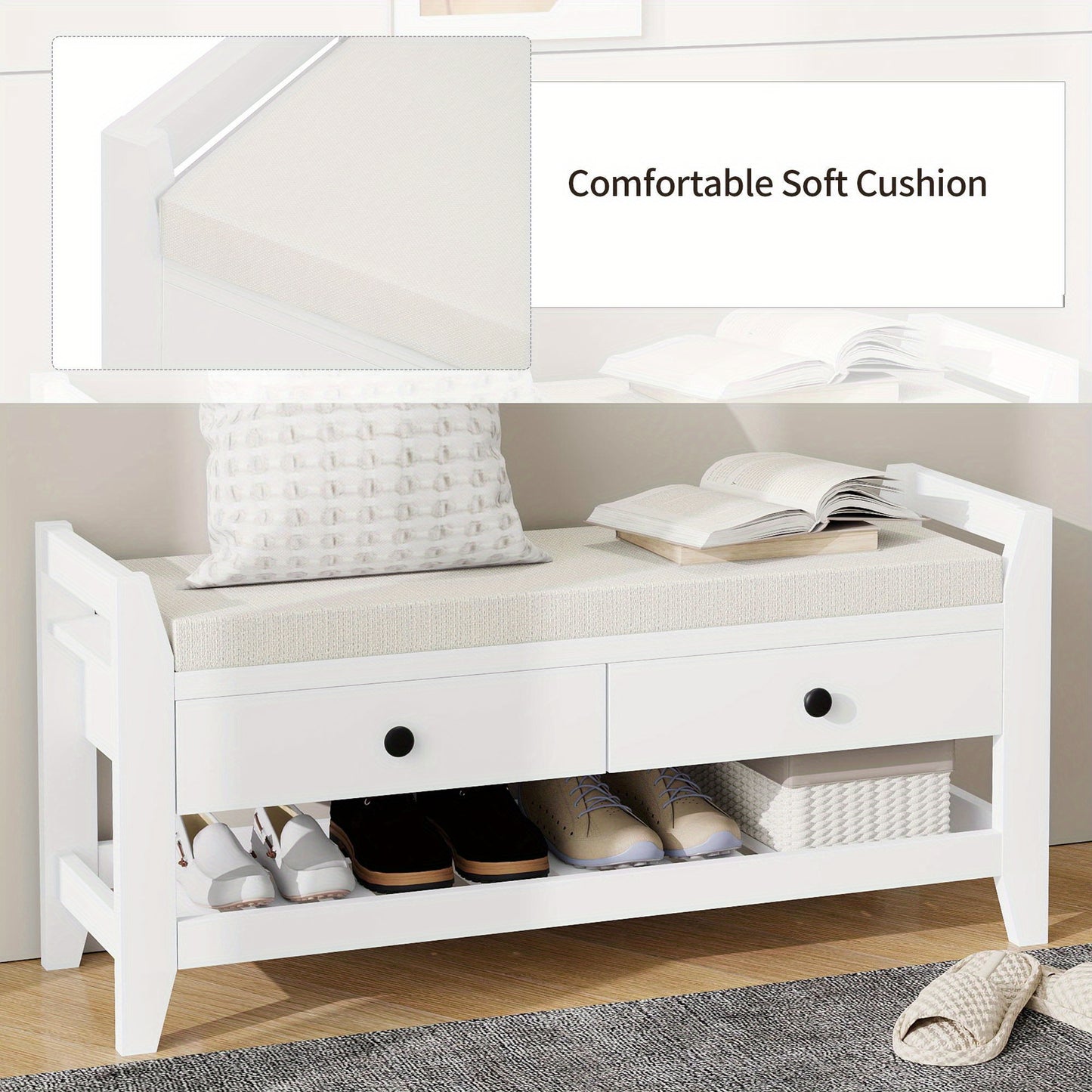 Schoenenbank – Schoenenrek – Zitbank – Opbergbank – Schoenenkast – Modern Wit Design – Gestoffeerd Zitvlak – MDF Hout Stabiel