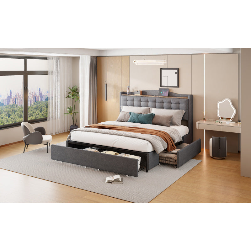 Ledikant 160x200 – Tweepersoonsbed – Bedframe – Opbergbed – Gestoffeerd Bed – Linnen Stof – Ingebouwde Oplaadpoort – 4 Laden Opbergruimte
