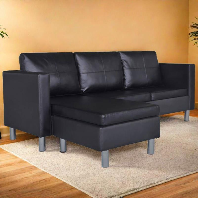 Bankstel – 3-zitsbank – Zitbank – Sofa – Bank – Zwart – Synthetisch Leer – Modern Design – Comfortabele Foamvulling