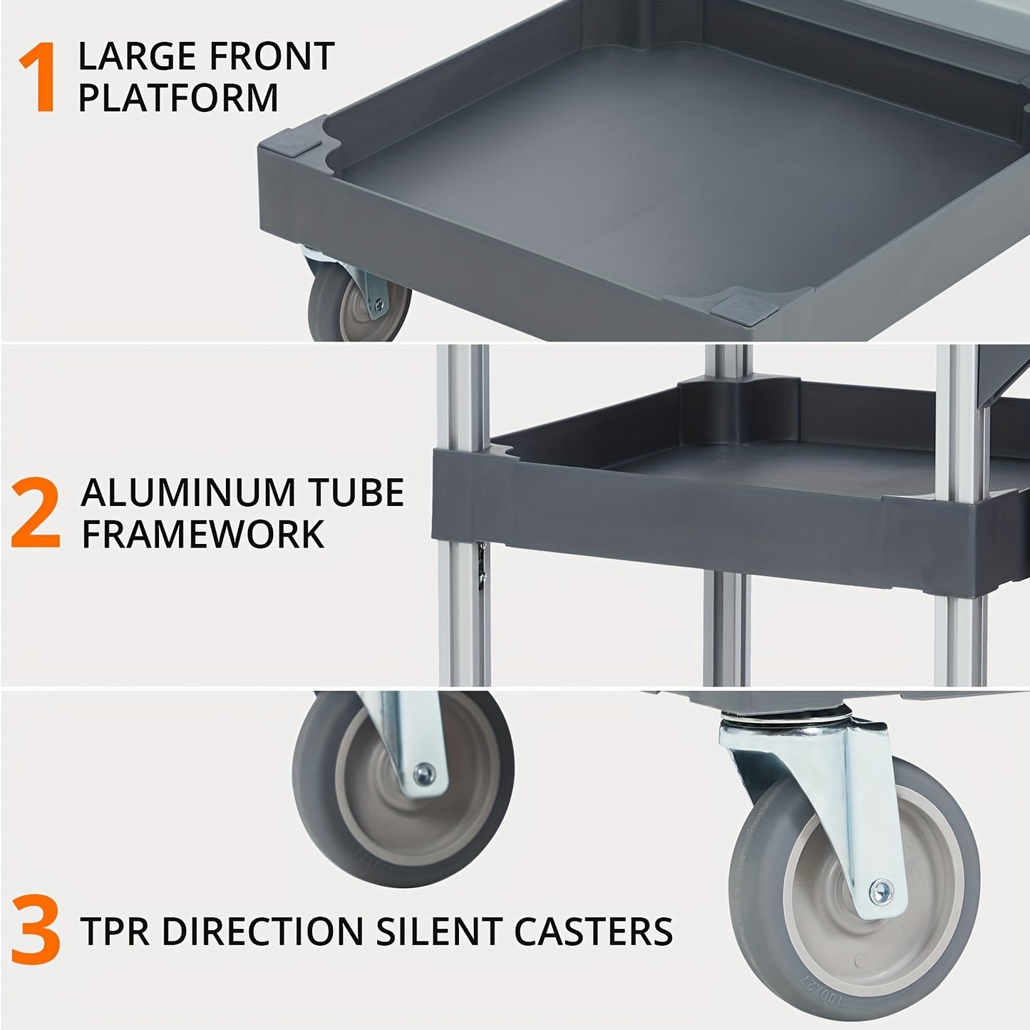Schoonmaakwagen – Schoonmaakkar – Reinigingswagen – Poetskar – Dweilkar – 3 Opbergplanken – Aluminium Frame – 99,79 kg Draagvermogen – 4 Zwenkwielen