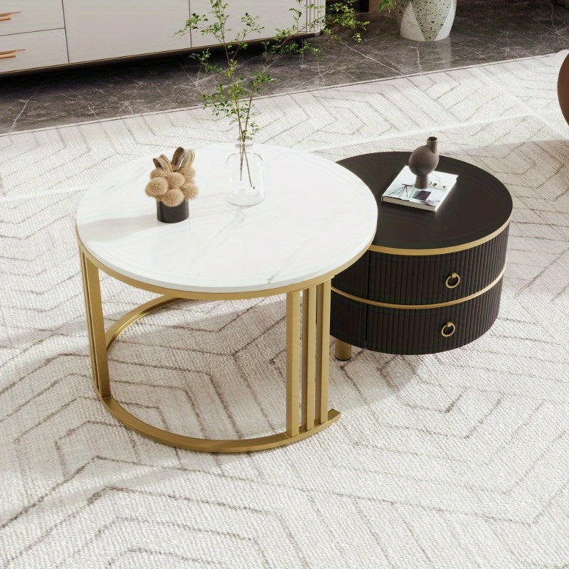 Salontafelset – Salontafel – Bijzettafel – Nesting Tafel – Koffietafel – Ronde Set – Glanzend Marmerlook Blad – 2 Opberglades – Modern Design – 70x70x46 cm & 50x50x40 cm