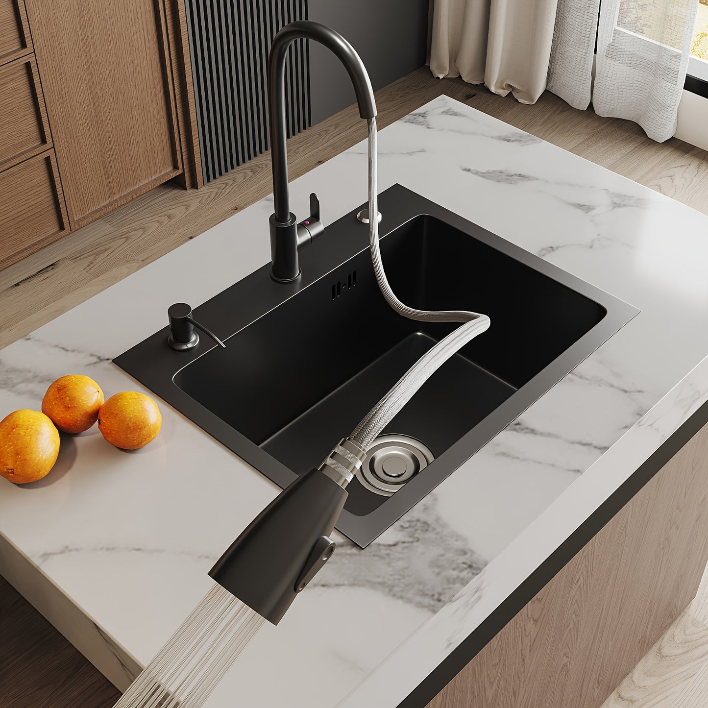 Matte Zwarte Spoeltafelset – Spoelbak – Keukenkraan – Uittrekbare Kraan – Zeeppomp – X-Flow Afvoer – Krasbestendig Composiet – Gereedschapsloze Installatie