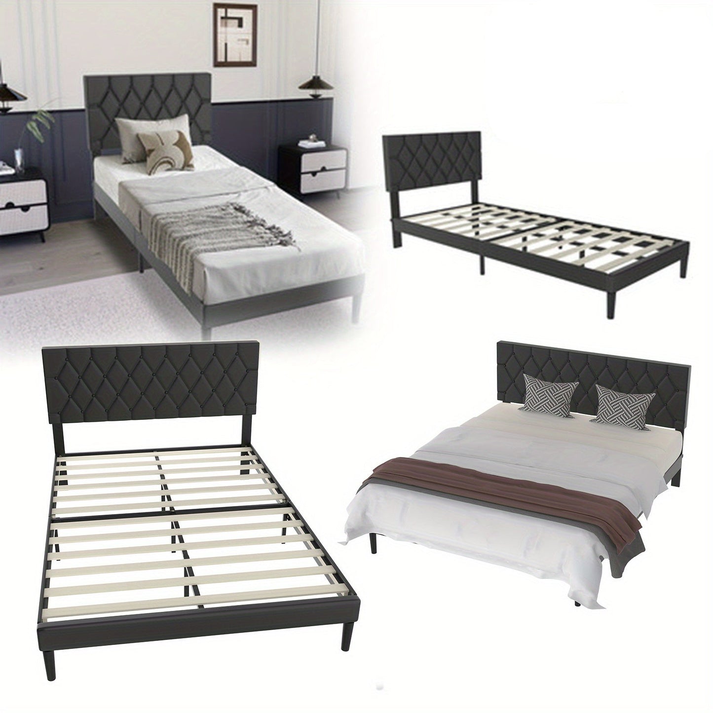 90/140/160 x 200cm Bed Black Upholstered Bed Faux Leather Platform Bed Frame Frame with Faux Leather Headboard Double Bed Bedroom Bed